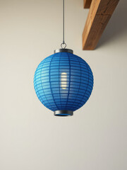 Obraz premium Blue striped paper lantern hanging from a wooden beam , outdoor lighting, nautical theme, coastal decor, wooden beam