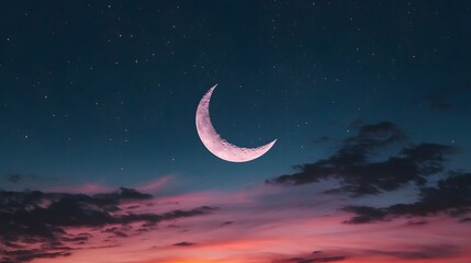 Crescent Moon Shining Over Peaceful Night Sky Symbolizing Ramadan Kareem