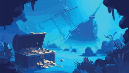 Keuken achterwand Piraten Sunken ship and treasures. Cartoon underwater scene with pirate ship coral seaweed open gold chest, ocean bottom vector illustration  © ssstocker