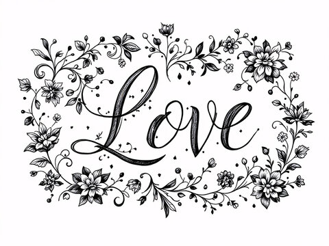 LOVE, word, letters, floral, patterns