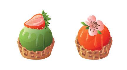 Ice cream dessert with strawberry, pistachio, macha, waffle glass, sweet, flower, sakura, taste, vector