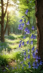 Obraz premium Bluebell flowers swaying gently in the spring breeze amidst tree branches and wildflowers, gentle movement, natural beauty
