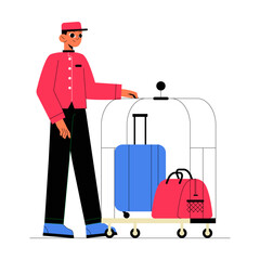 Male Bellhop With Luggage Cart In Flat Vector Illustration Symbolizing Hotel Assistance, Travel, And Hospitality, Isolated On White Background.