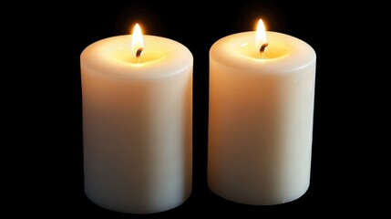 Two white candles with flames against a dark background with Copy Space for text placement.