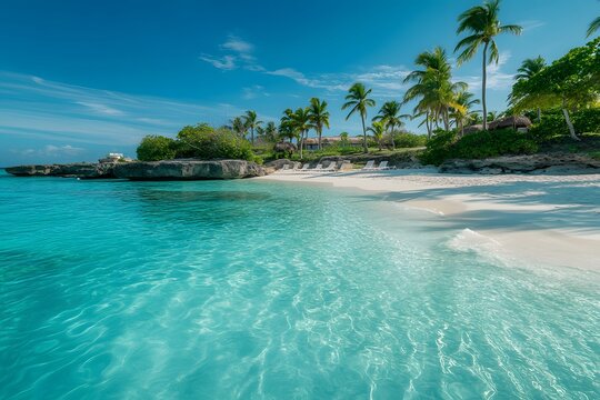 A serene tropical paradise scene depicting crystal-clear turquoise waters, white sandy beaches, and lush palm trees, evoking relaxation and tranquility reminiscent of Aruba, Barbados, and the Bahamas.