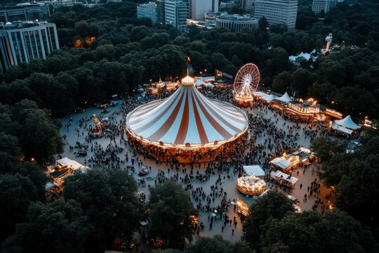A captivating bird's eye view of a bustling funfair, displaying colorful attractions, food stalls, and crowds enjoying the lively atmosphere of a community event.