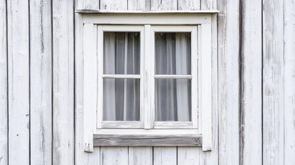 Fototapeta premium White wooden window on rustic wall with textured surface and curtains inside, Copy Space available for text insertion.
