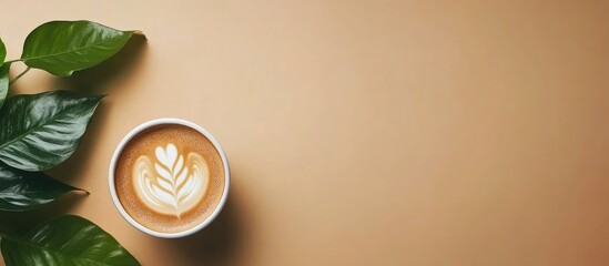 Aromatic Coffee Cup with Latte Art on Brown Table Surrounded by Green Leaves and Empty Space for Textual Overlay
