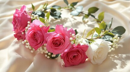 Obraz premium Elegant Pink and White Rose Crown with Baby's Breath on Soft Cream Fabric