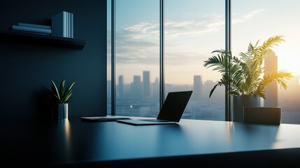 A sleek and refined business interior with dark tones, featuring luxurious materials such as leather and polished wood.