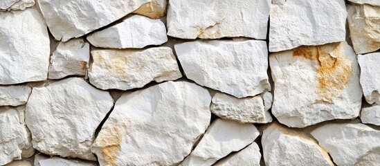 White stone wall texture with irregularly shaped stones and visible surface details Copy Space