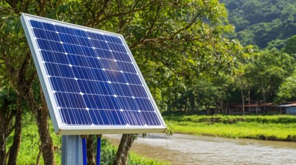 Solar Panel Installed Near River Surrounded by Lush Greenery and Trees