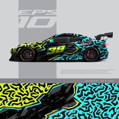 Car wrap decal graphic design. Abstract stripe racing background designs for wrap cargo van, race car, pickup truck, adventure vehicle. Eps 10