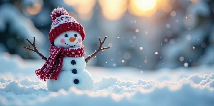 Joyful snowman in snowy landscape, ample copy space , sky, cute, landscape