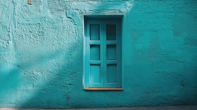 Turquoise wall with a wooden window featuring blue shutters and orange windowsill minimalistic design with copy space - Powered by Adobe