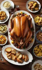 Close-up of golden roasted turkey on platter surrounded by side dishes and gravy boat, cooking, poultry