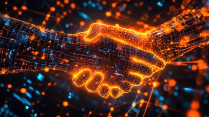 A digital and human handshake with vibrant orange light effects on a high-tech background, illustrating the concept of blockchain technology and digital interactions.