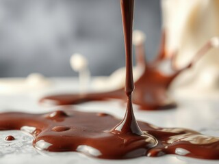 Chocolate sauce or ganache splattered onto a cold surface with milk mixture in the background, creating a blurred and abstract effect, chocolate sauce, confectionery art