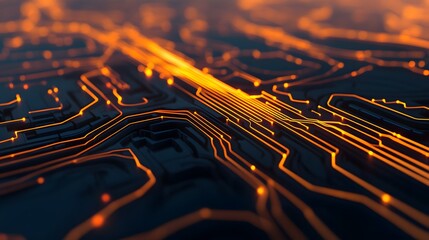 Simplified Glowing Transit Lines in a Modern Digital Network City