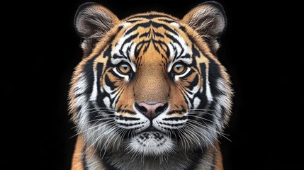 Fototapeta premium Majestic tiger portrait showcasing striking features against a dark background, emphasizing its beauty