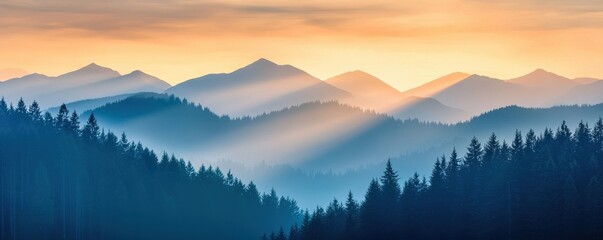 Fototapeta premium A serene mountain landscape at dawn, with layered peaks and soft, golden light filtering through misty trees.