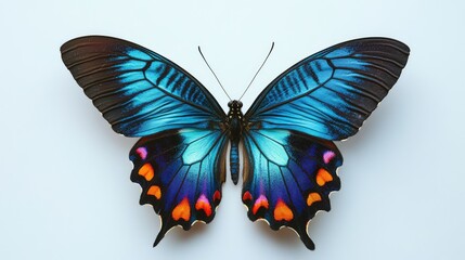 Obraz premium Vibrant blue butterfly with orange and black patterns on wings isolated on a white background with Copy Space for text.