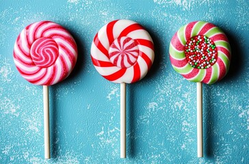 seamless of  Colorful lollypop candy with red stripes and sprinkles on blue mint background for holidays , isolated on white background,  , copy space for text,