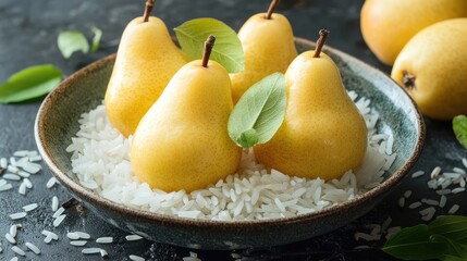 Yellow pears on white rice with green leaves in a ceramic bowl on dark textured background Copy Space