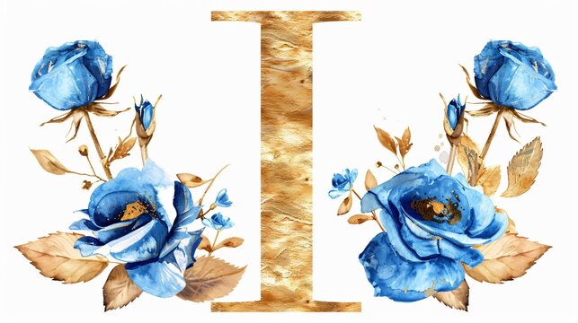 Elegant Gold Letter I with Watercolor Blue Bloom Decoration