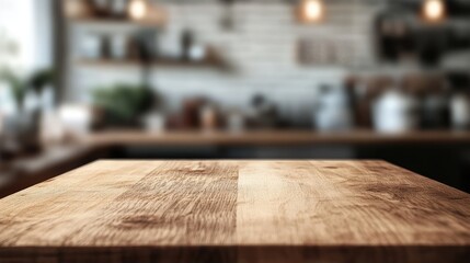 Wooden tabletop in kitchen setting with blurred background showcasing shelves and kitchenware providing copy space for text.