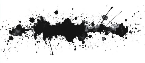 Black ink splatter with varying intensities and sizes on a white background, suitable for adding texture or design elements, Copy Space available.