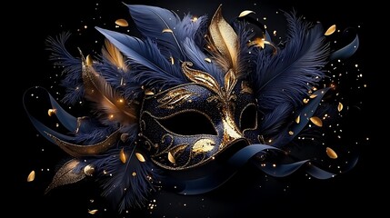Elegant navy blue and gold masquerade mask with feathers, ribbons, and glitter against a black background; perfect for party invitations
