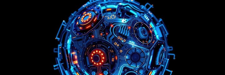 Fototapeta premium Blue metallic sphere with intricate details and glowing circuits, microchips, electronics, circuitry