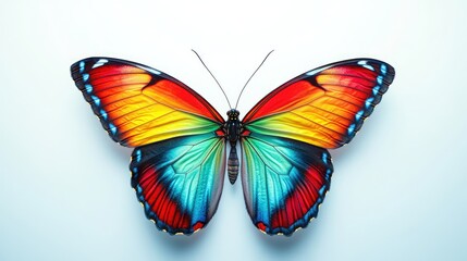 Obraz premium Colorful butterfly with vibrant wings in red, blue, and yellow against a white background with copy space for text.