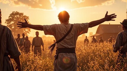 Heartwarming scene of prodigal sons return to embrace his father on family farm at sunset