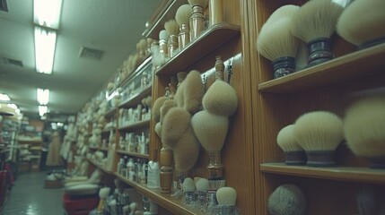 Fototapeta premium Rows of shaving brushes displayed on wooden shelves in a shop.