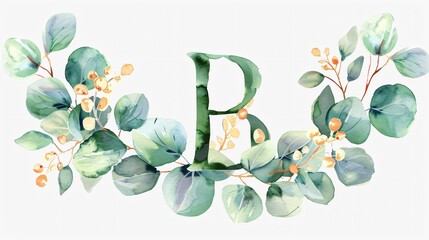 Elegant Floral Alphabet Letter B with Watercolor Leaves Eucalyptus