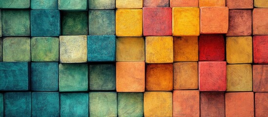 Colorful wooden blocks arranged in a grid pattern with textured surfaces and varying shades blue yellow and red Copy Space