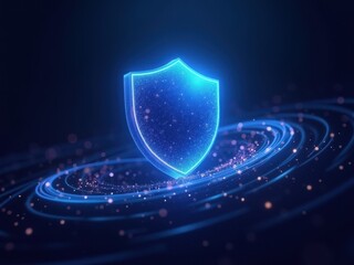 Quantum cryptography shield symbolizes advanced cybersecurity and data protection in a digital landscape with glowing particles and waves