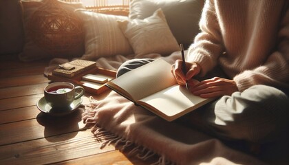 Obraz premium A person journaling in a cozy, sunlit room with a cup of herbal tea beside them. The scene exudes warmth and calm, with soft furnishings and natural light creating a comforting environment 