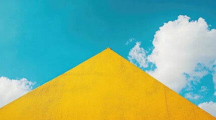 Yellow triangular building facade against a bright blue sky with clouds Copy Space