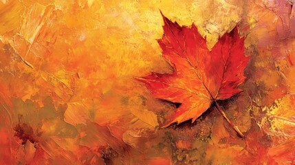 Autumn leaves close-up with vibrant red maple leaf on abstract orange and yellow textured background Copy Space