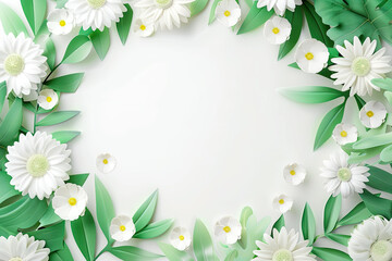 White daisies and green leaves form soft floral frame on light background