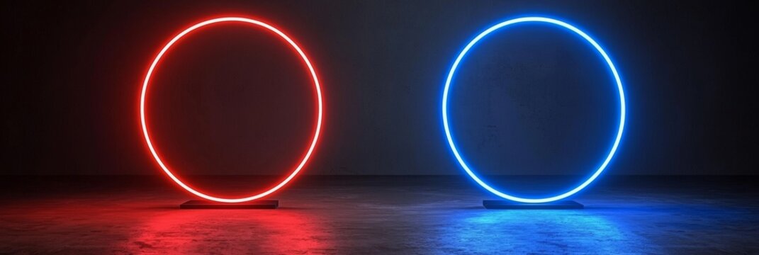 **Dynamic Atmosphere**: A neon-illuminated game show backdrop featuring bold red and blue hues, crafted for a lively and thrilling stage.