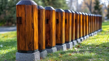 Fototapeta premium Row of dark brown wooden posts in a park.