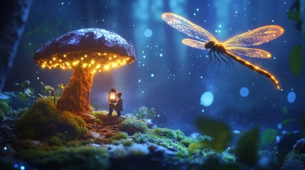 Keuken achterwand Sprookjeswereld Enchanting fairy mushroom and glowing dragonfly scene in a mystical night forest landscape  Magical whimsical and surreal digital art composite with vibrant colors sparkling lights and a serene  © Waraporn