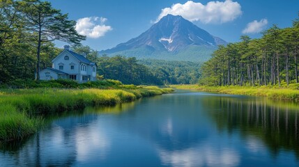 Fototapeta premium Serene Lakeside House with Majestic Mountain View
