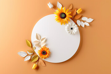 Obraz premium Floral paper art frame with sunflowers and tulips on orange background