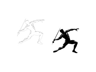 A dynamic silhouette vector illustration of a javelin thrower in mid-action, showcasing the athlete's power and accuracy. vector illustration  line art black and white design.