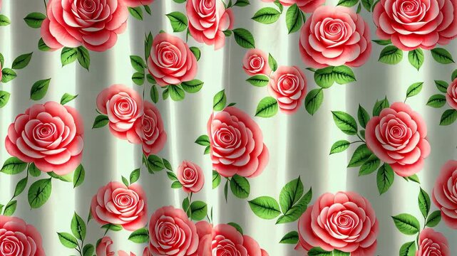 Rose Print Fabric: A delicate and charming fabric design featuring a repeating pattern of blush pink roses and green leaves on a pale green background, ideal for fashion, home decor, or scrapbooking.